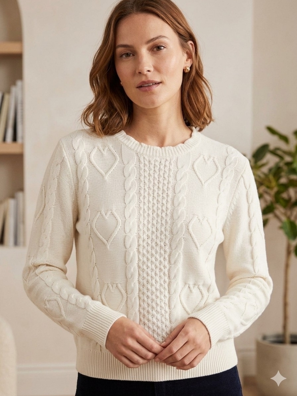 J. Crew Cream Cable Knit Heart Crewneck Pullover Sweater Size Medium